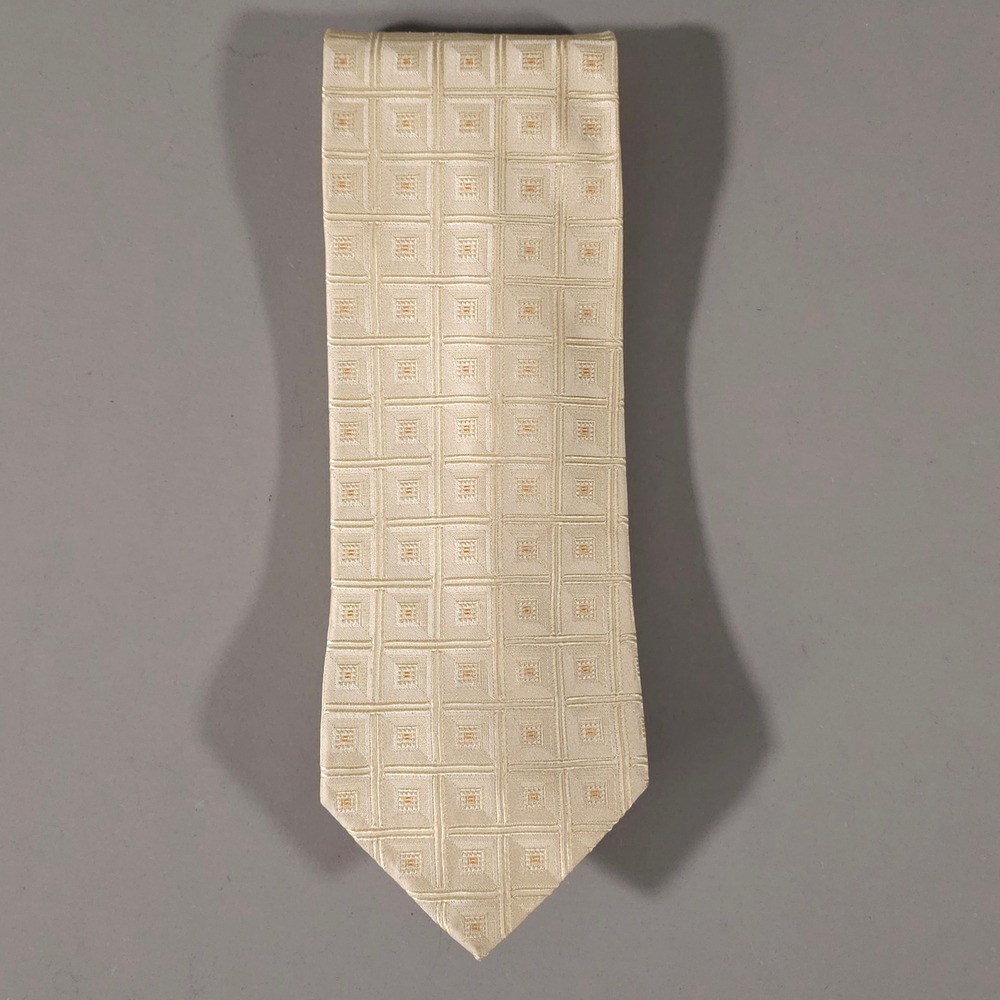 Ermenegildo Zegna Tie Mens OS Beige Geometric Square Pattern Silk Made in Italy